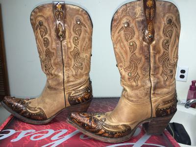 Ladies Lucchese Tumbled Aspen Hand Tooled Brown Leather Cowboy Boot 8.0 ...